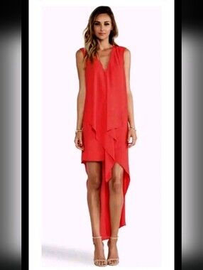 NWT BCBG MAXAZRIA SIZE S Poppy Red CASCADE RUFFLE ASYMMETRIC Hi Low Mini DRESS